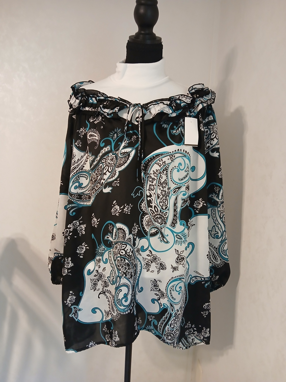 Cato Black White and Teal Paisley Off-Shoulder Tunic